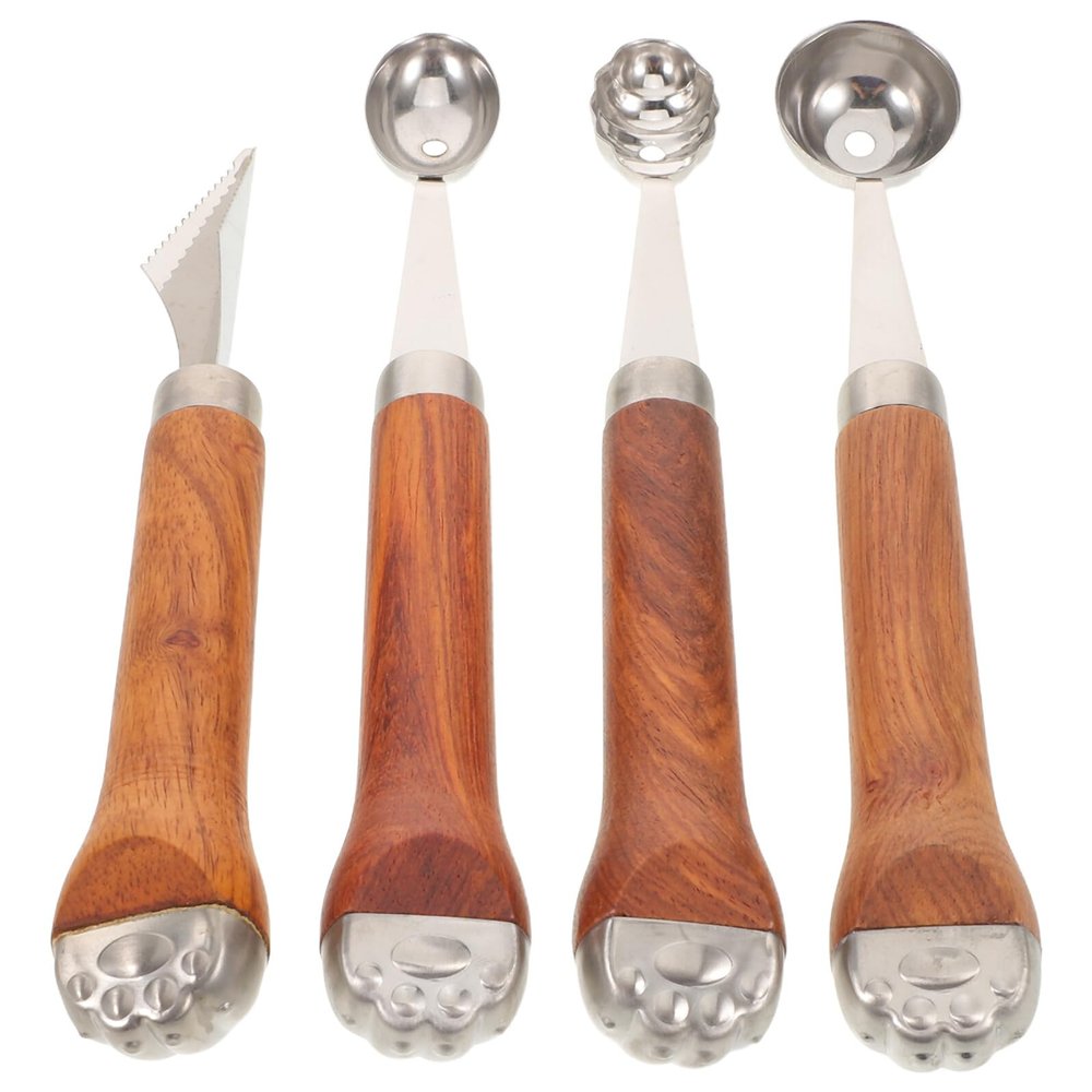 Anneome 4-Piece Watermelon Ball Cutter Set with Serrated Fruit Carver, Stainless Steel and Wooden Handle