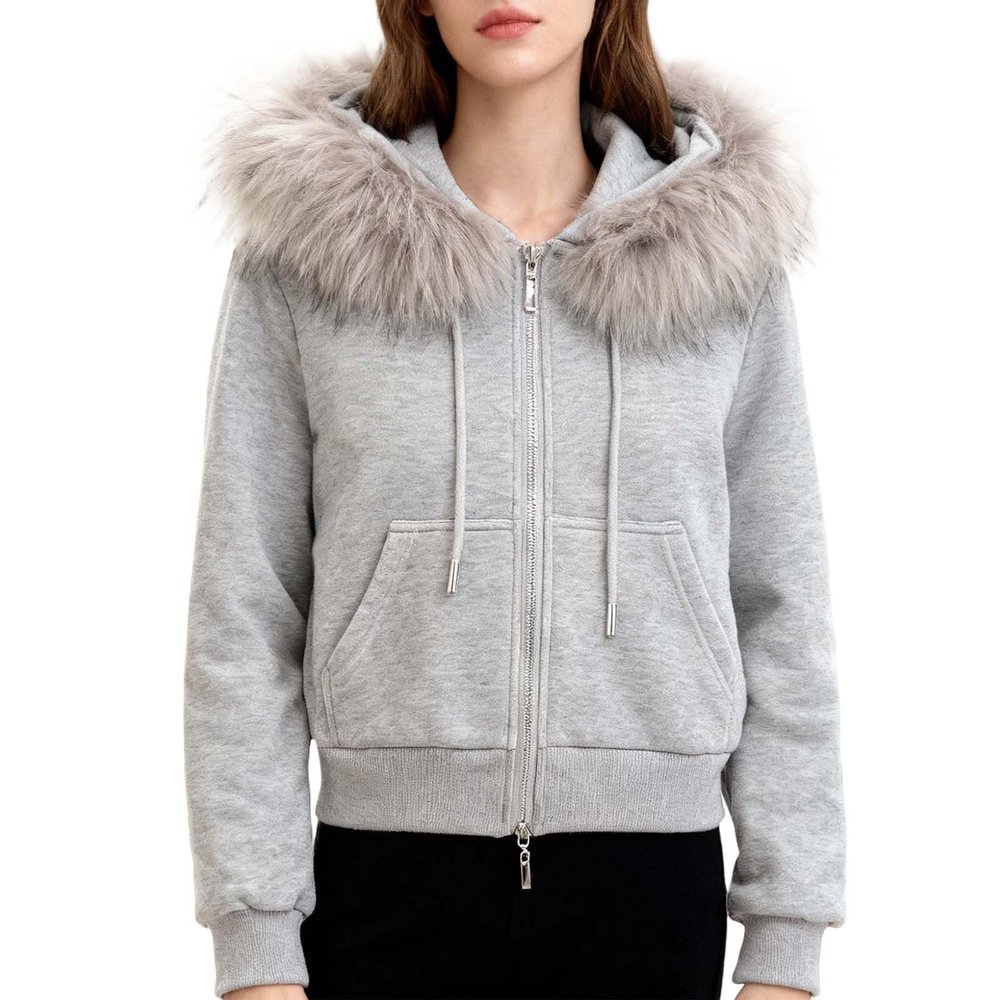 Gefomuofe Women's Short Coat, Long-Sleeve Slim-Fit Jacket with Fur Hood