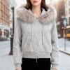 Gefomuofe Women's Short Coat, Long-Sleeve Slim-Fit Jacket with Fur Hood view 2