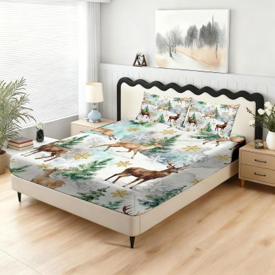 Reindeer Snowflake Watercolor Forest Animals Fitted Sheet 200 x 200 cm