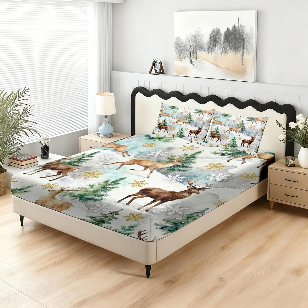 Reindeer Snowflake Watercolor Forest Animals Fitted Sheet 200 x 200 cm