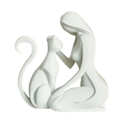 Cat Woman Statue, Woman and Cat Figurine, White