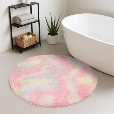LIVEINU Round Non-Slip Tie-Dye Bathroom Mat, Washable, Soft Shaggy Microfiber, Rainbow, 60 cm