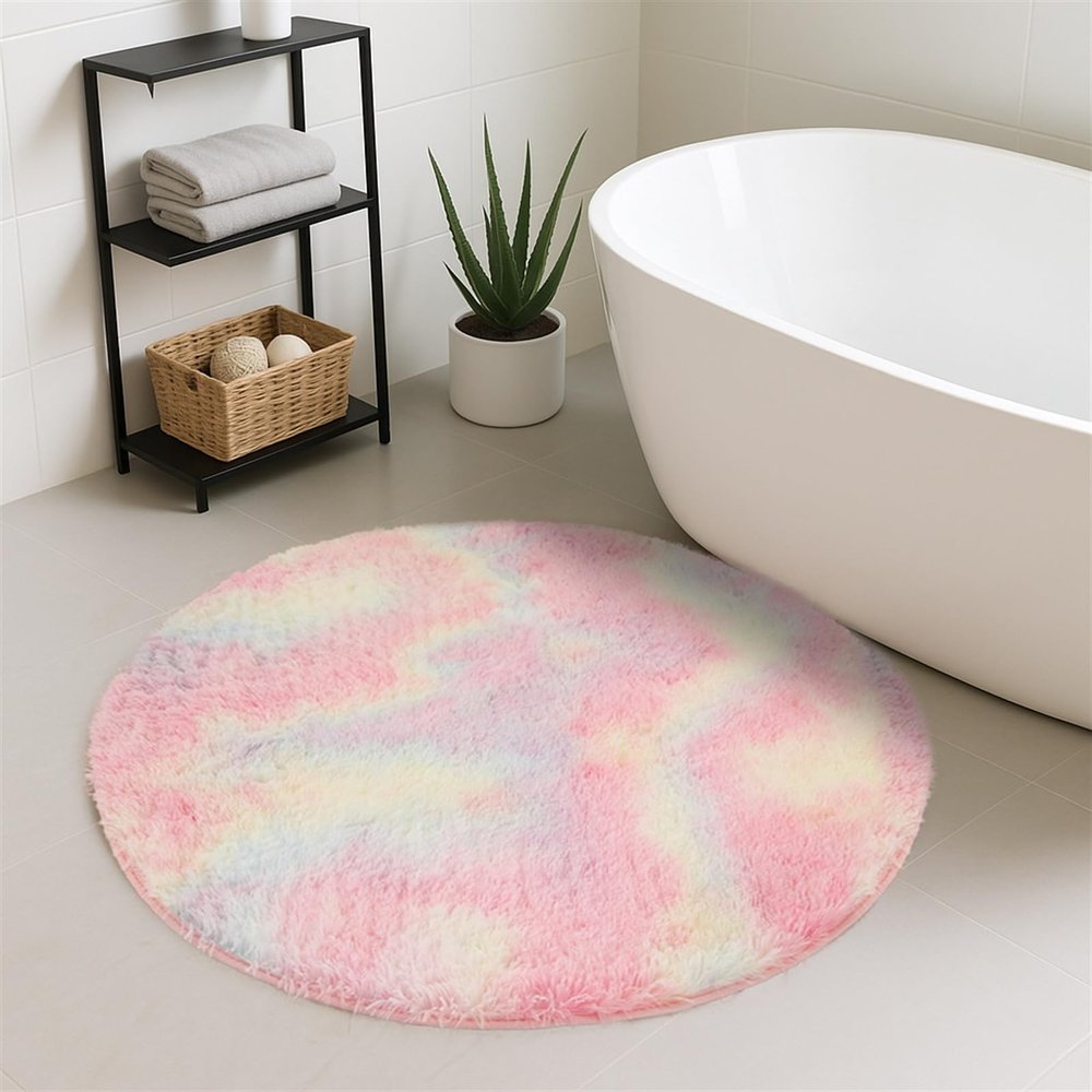 LIVEINU Round Non-Slip Tie-Dye Bathroom Mat, Washable, Soft Shaggy Microfiber, Rainbow, 60 cm