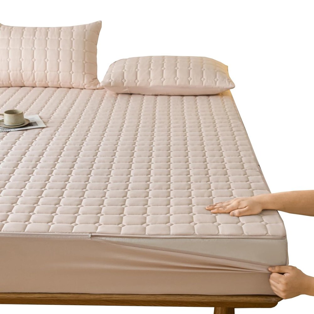 Mattress Cover with 4-Sided Zipper, Full Mattress Protection, Soft and Breathable, Washable, Beige, 90 x 200 x 12 cm