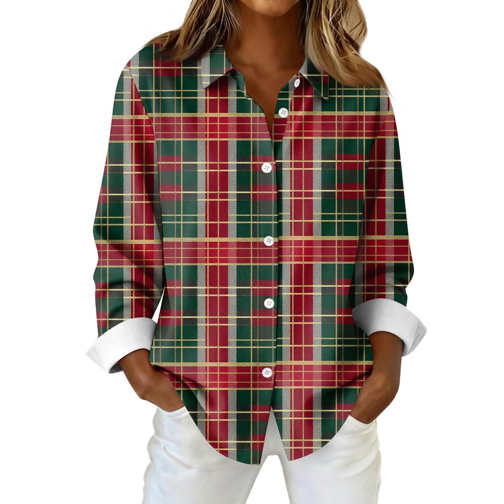 Women’s Funny Christmas Shirt, Long-Sleeve Button-Front Plaid Top
