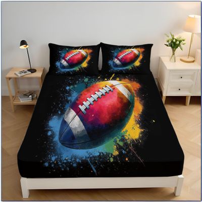 Watercolor Fitted Sheet, Non-Slip Elastic Fitted Sheet, 30 cm Pocket Depth, Soft Colorful Fitted Sheet (L Rugby, 90 x 200 cm)