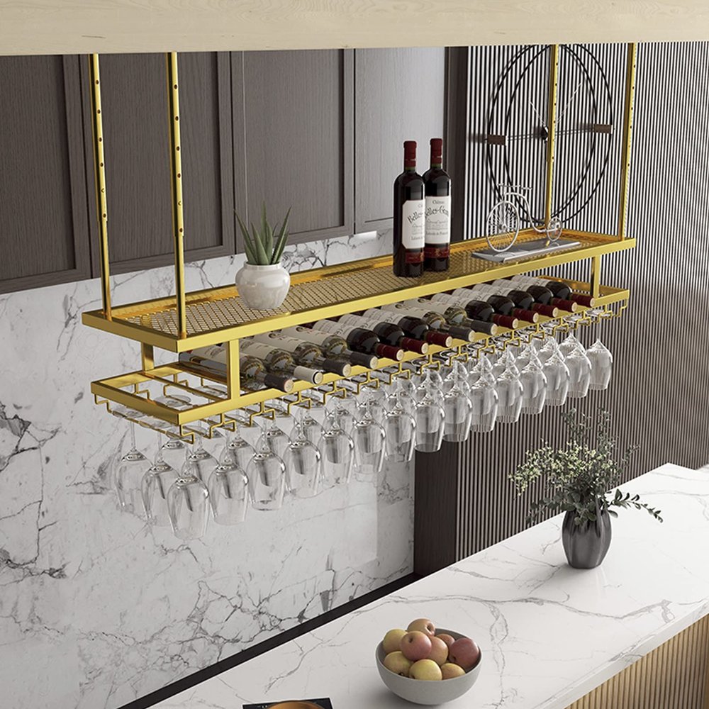 ASerZenith Ceiling-Mounted Hanging Wine Glass and Bottle Holder, 2-Tier Gold Shelf, 120 x 30 cm