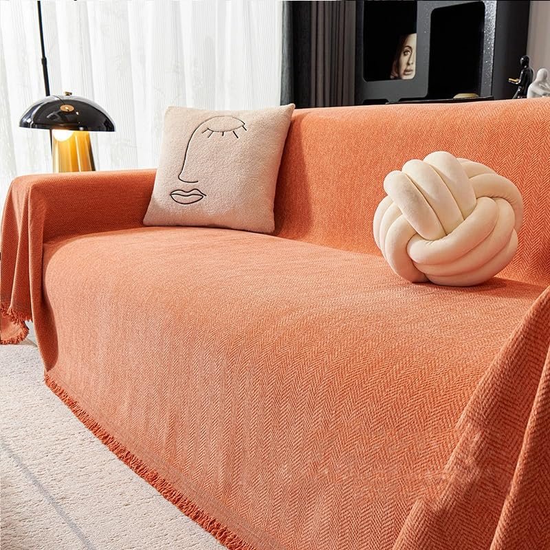 Chenille Sofa Throw with Tassels, Reversible Sofa Cover, Pet-Friendly, Style-c6, 180 x 230 cm