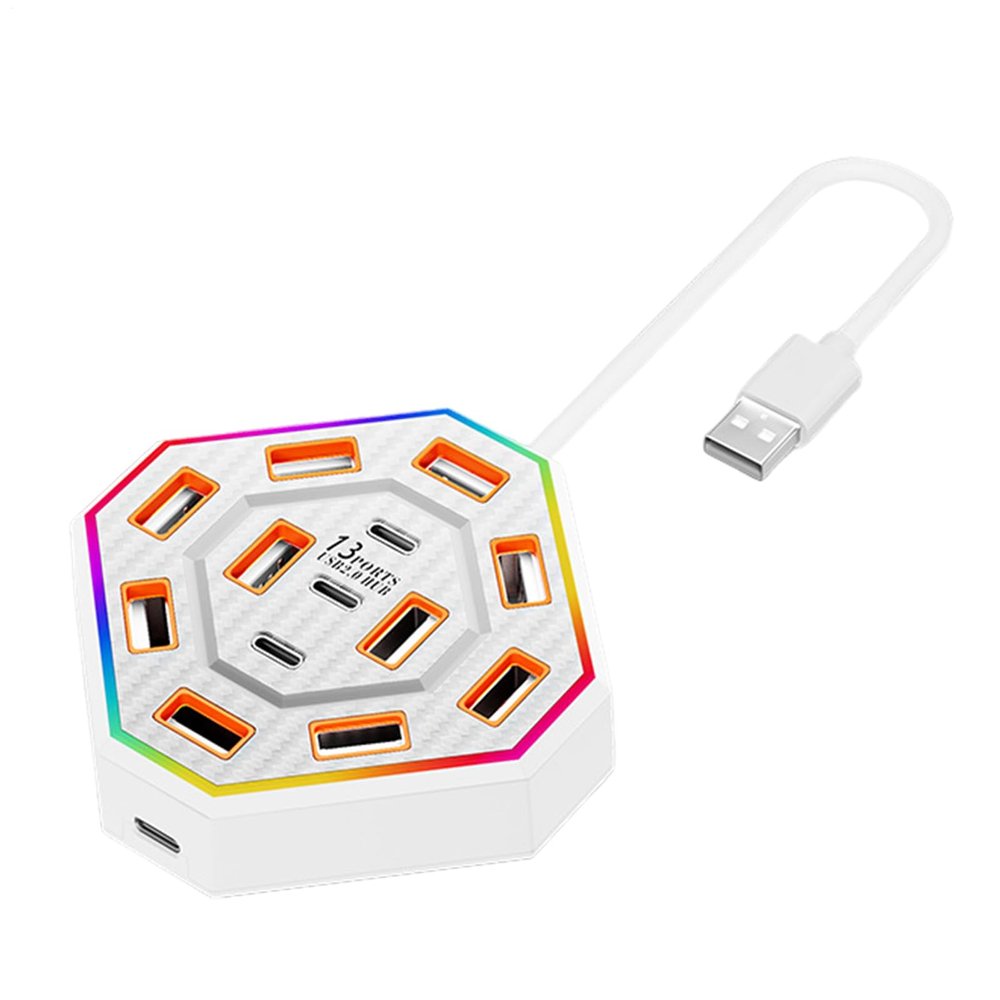 13-Port USB Hub for Laptops with Surge Protection and RGB Lighting