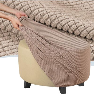 RTSFKFS Round Ottoman Slipcover, Jacquard Footstool Cover, Khaki, 98 x 98 cm (39 x 39 in)