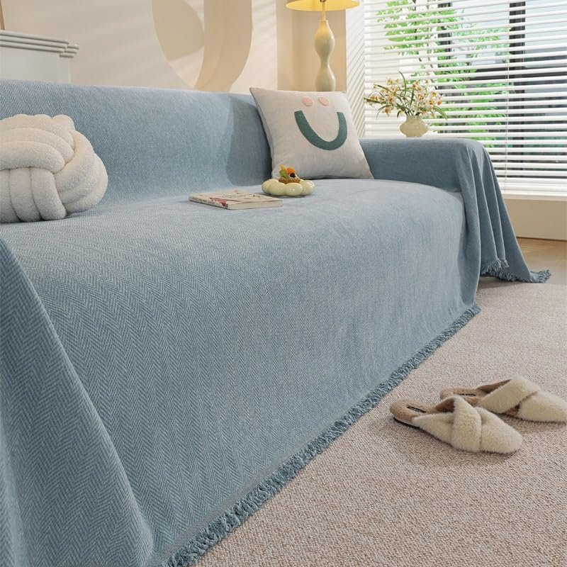 Chenille Sofa Throw with Tassels, Reversible Sofa Cover, Pet-Friendly, Style-d1, 180 × 460 cm