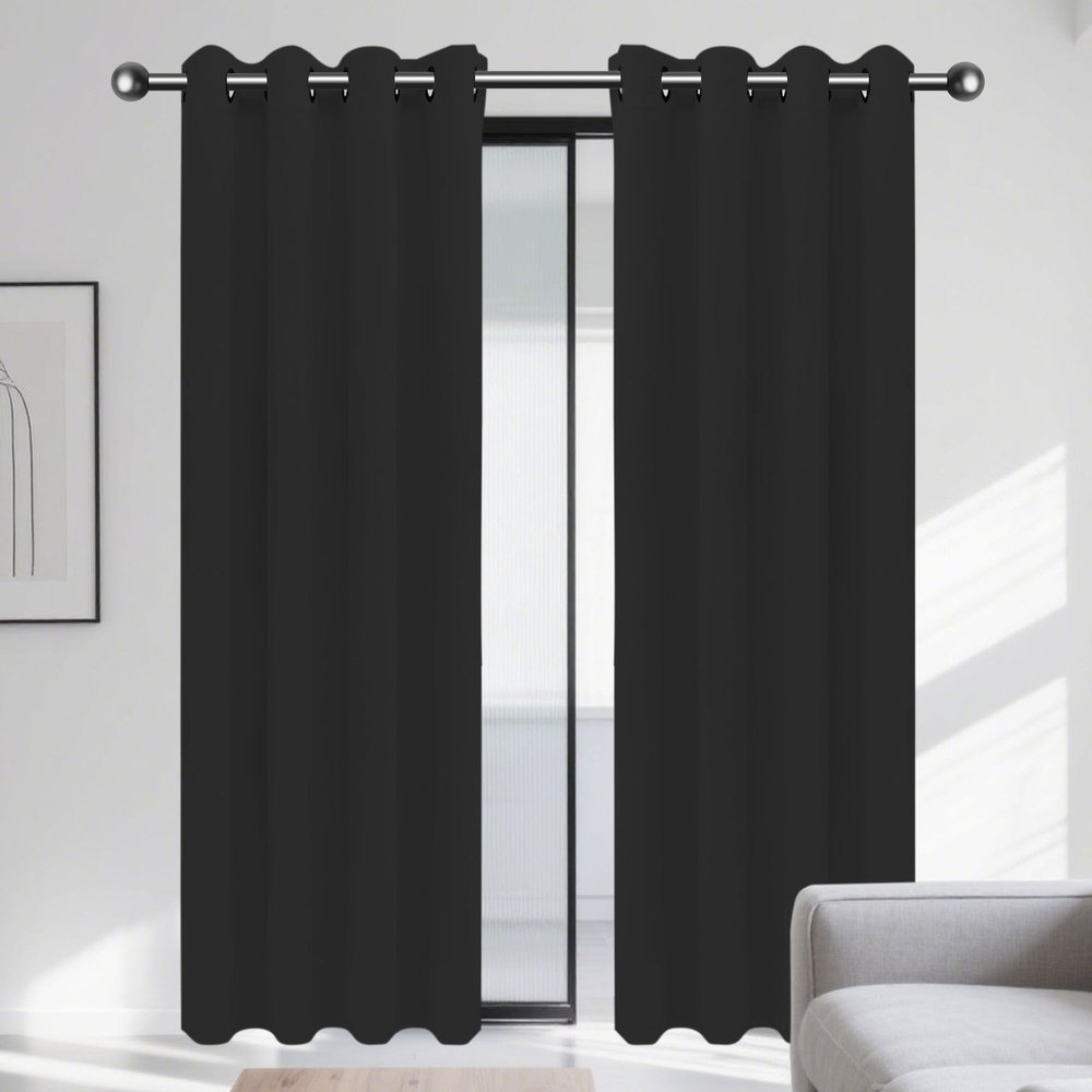 GOUBAN Blackout Curtain with Grommets, 200 x 230 cm, Thermal Room-Darkening Curtain for Bedroom and Living Room, Washable, Black