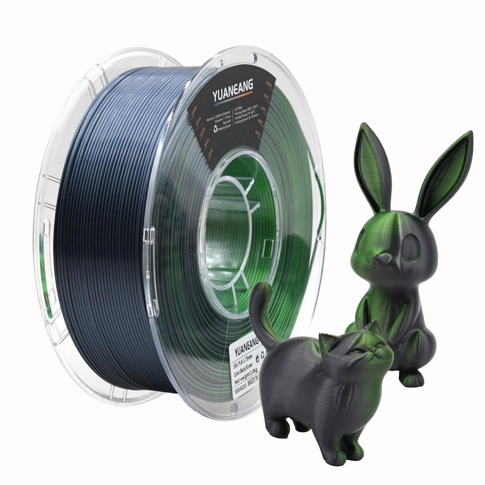 YUANEANG PLA 3D Printer Filament, Satin, Dual-Color, ±0.03 mm Accuracy, 1 kg Spool, 1.75 mm, Black-Green