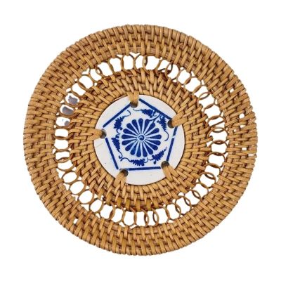 4-Piece Woven Rattan Coaster Set, 10 cm