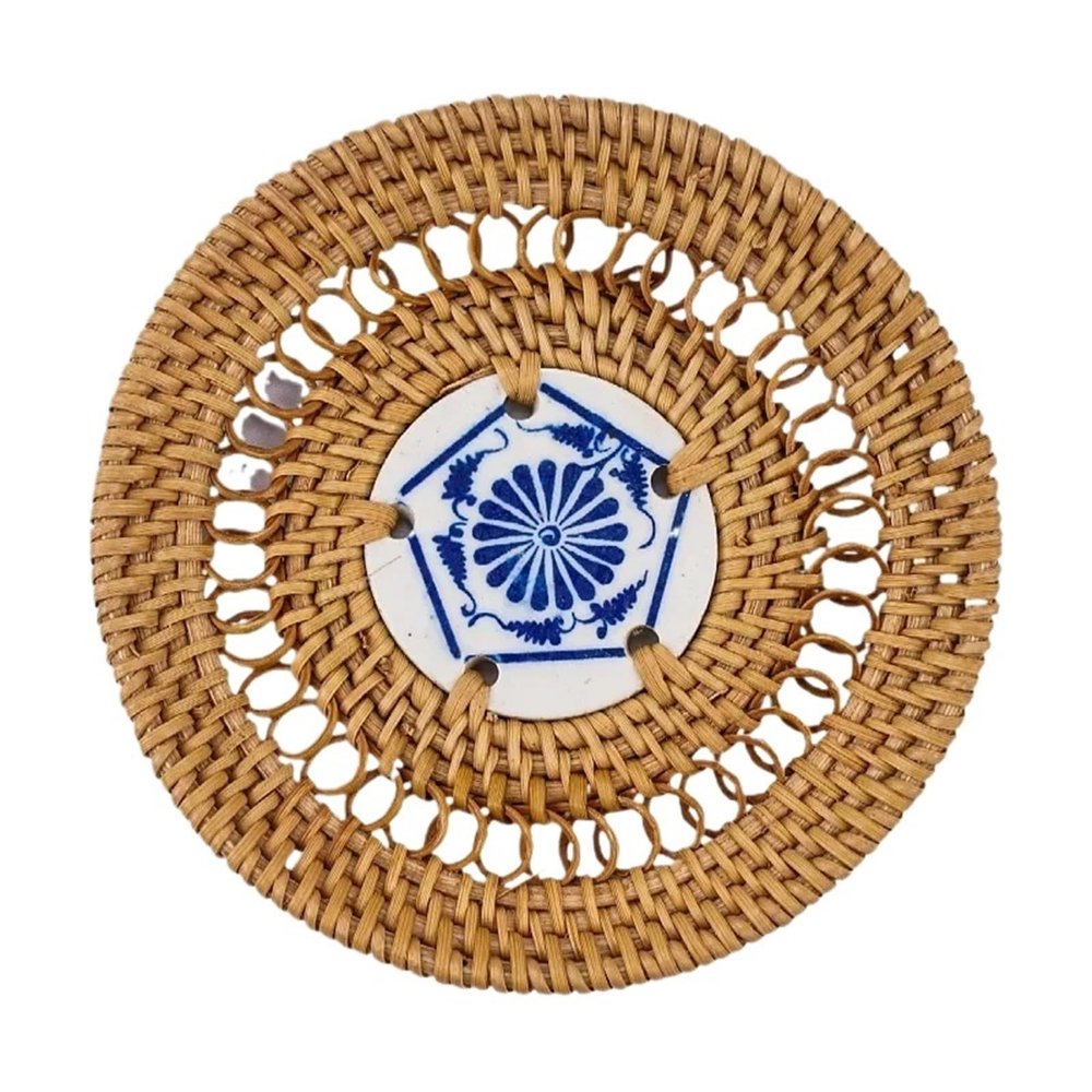 4-Piece Woven Rattan Coaster Set, 10 cm