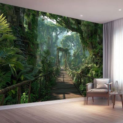 Tropical Nonwoven Photo Wallpaper, High-Resolution Green Jungle Suspension Bridge Mural with 3D Effect, Washable and Easy to Install, Modern Design for Living Room, Bedroom or Office