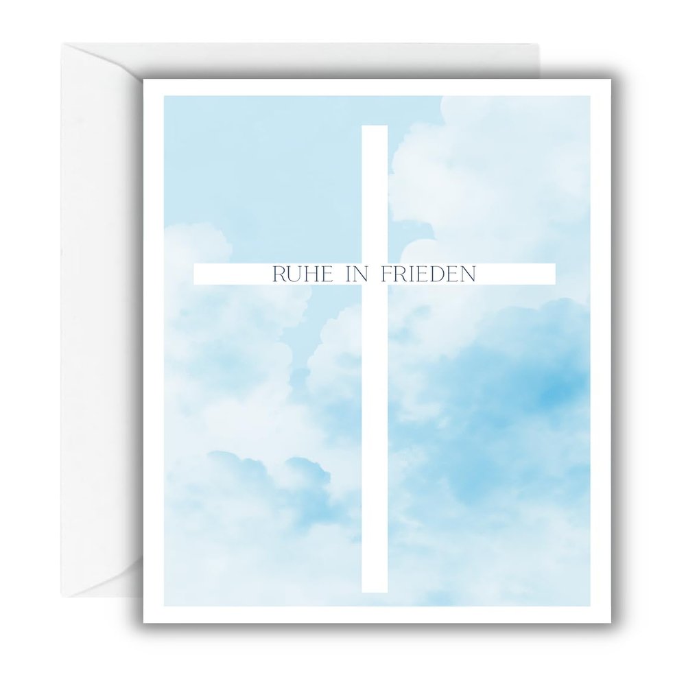 WBdesignz “Rest in Peace” Sympathy Card with White Envelope, Cross and Sky Motif, DIN A6