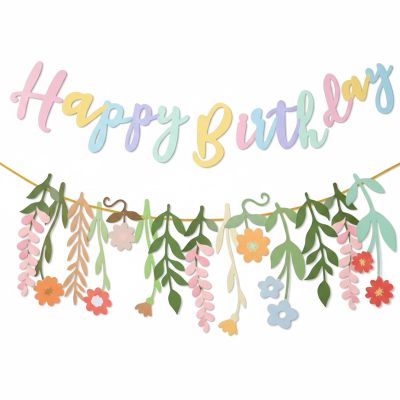 2-Piece Marigold Garland Set with Hanging Strings, Paper Flower and Happy Birthday Banners