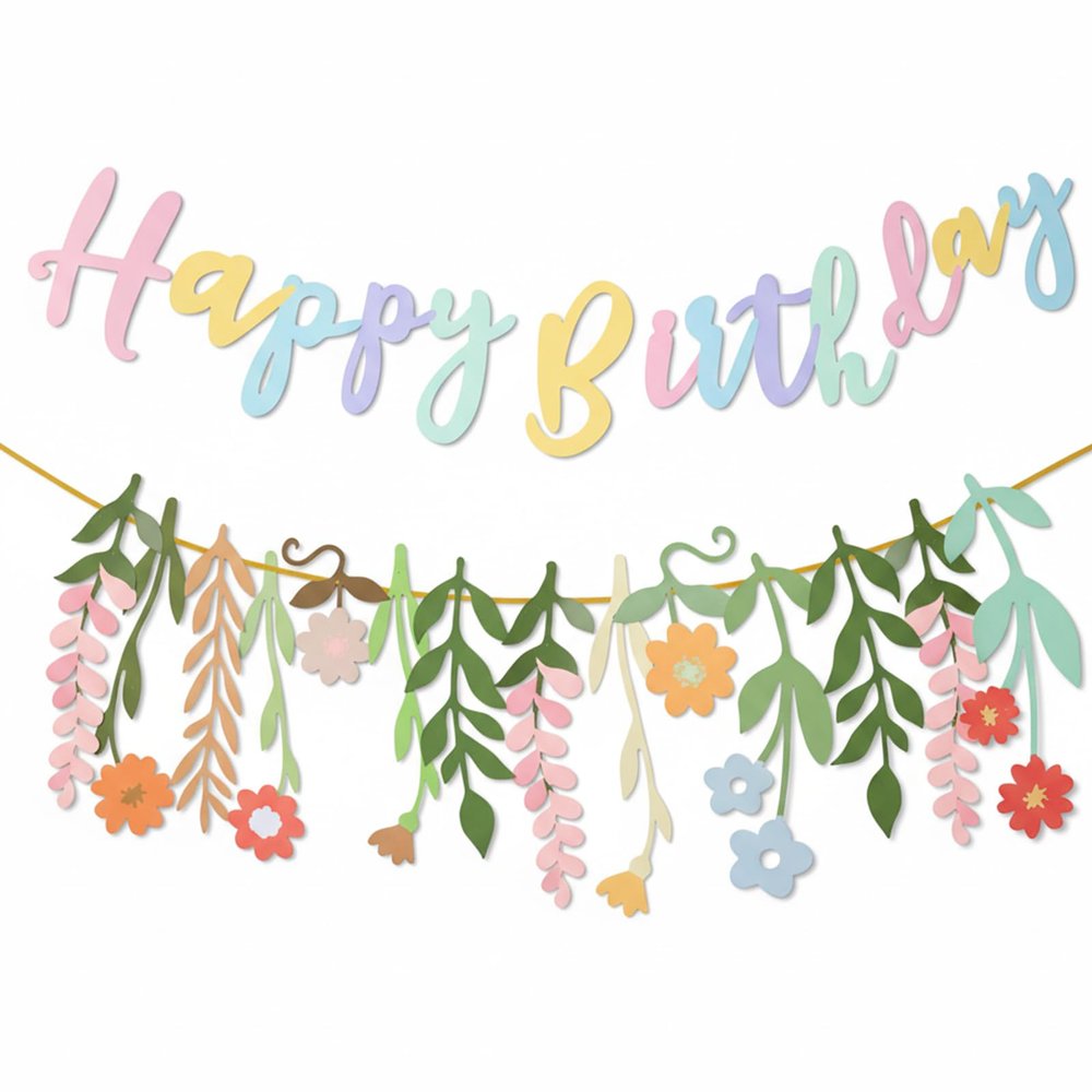 2-Piece Marigold Garland Set with Hanging Strings, Paper Flower and Happy Birthday Banners