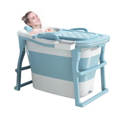 Foldable Bathtub with Massage Rollers, Cover, and Seat, 103 × 67 × 72 cm, Blue