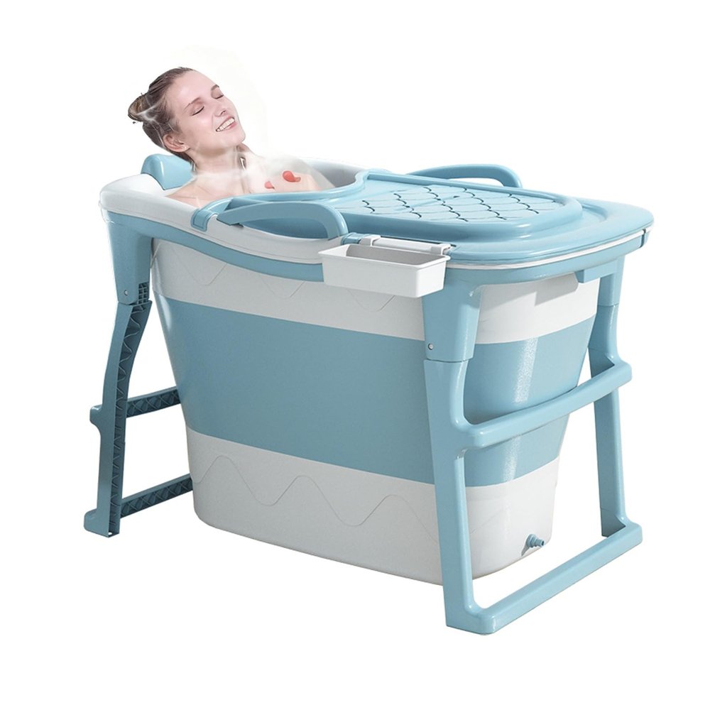 Foldable Bathtub with Massage Rollers, Cover, and Seat, 103 × 67 × 72 cm, Blue