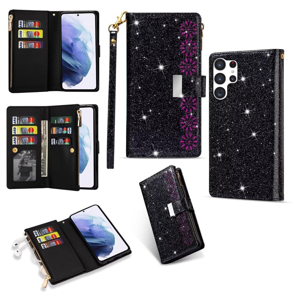 xinyunew Flip Case for Samsung Galaxy S25 FE, Premium PU Leather, 9 Card Slots, Stand, Black