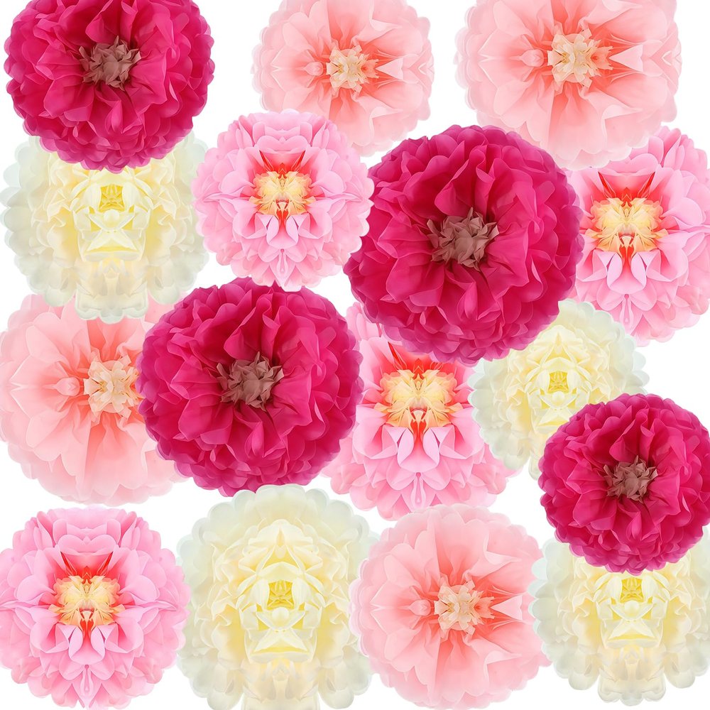 Tissue Paper Pom-Poms, 16-Pack, Pink, Hanging Paper Flower Decor