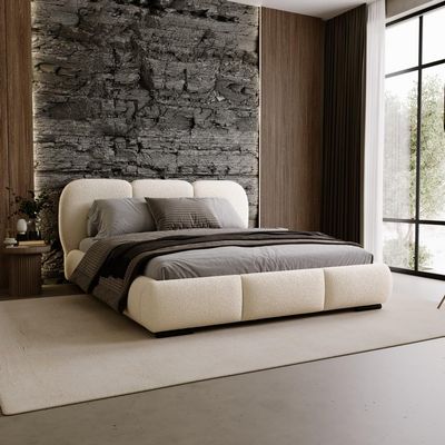 Chilly Möbel Design Savona Upholstered Bed 160x200 cm with Storage, Slatted Base and Headboard, Beige Bouclé