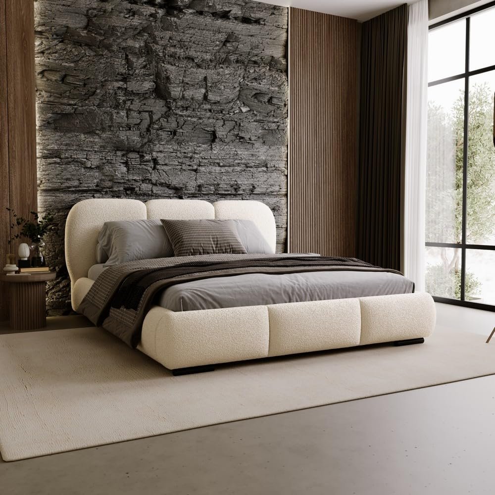 Chilly Möbel Design Savona Upholstered Bed 160x200 cm with Storage, Slatted Base and Headboard, Beige Bouclé