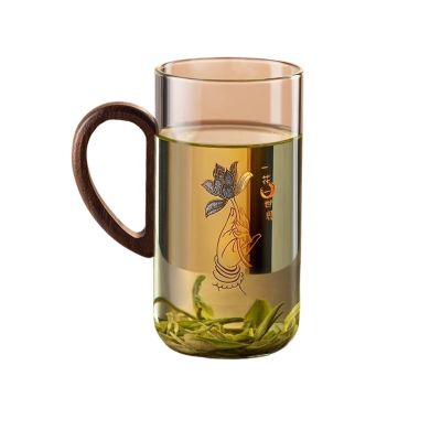 ROEUIPG 500 ml Transparent Glass Cup with Wooden Handle, Lotus Pattern