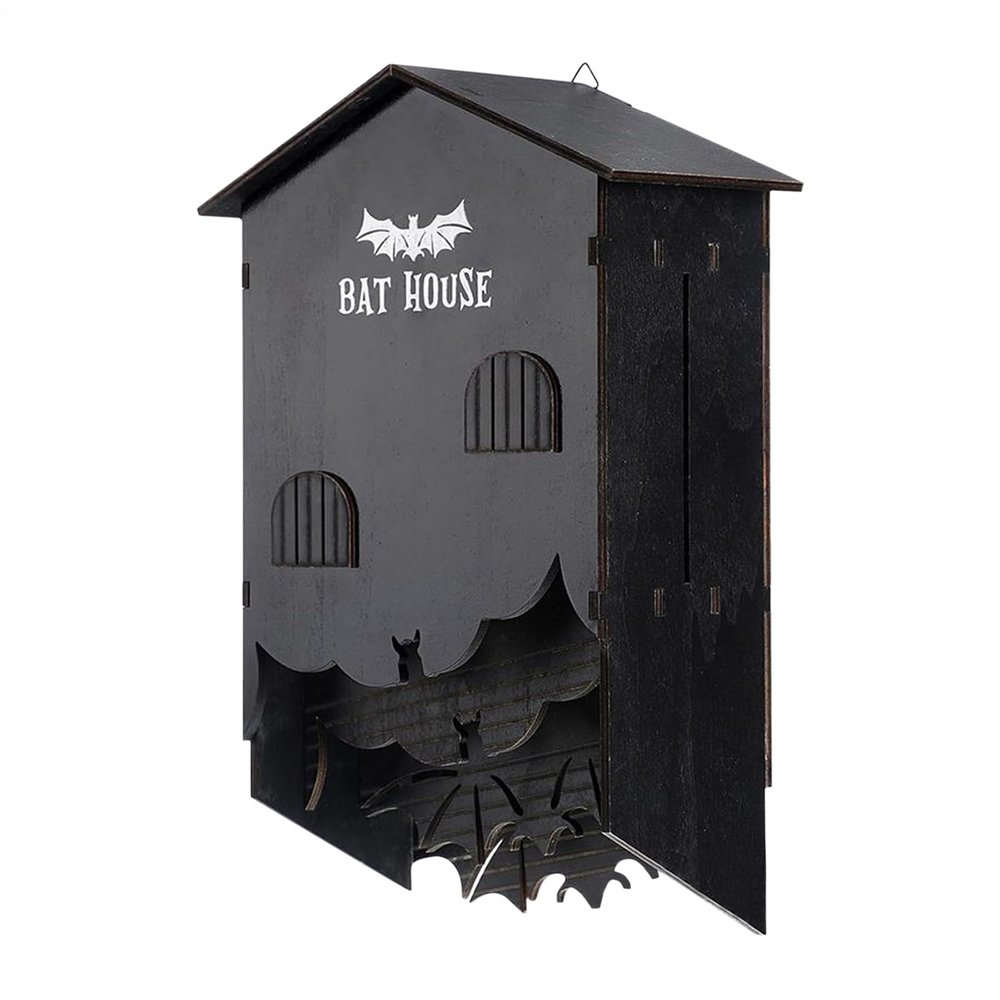 Outdoor Wooden Bat House | Three-Chamber Wall-Mounted Box | Halloween Decor