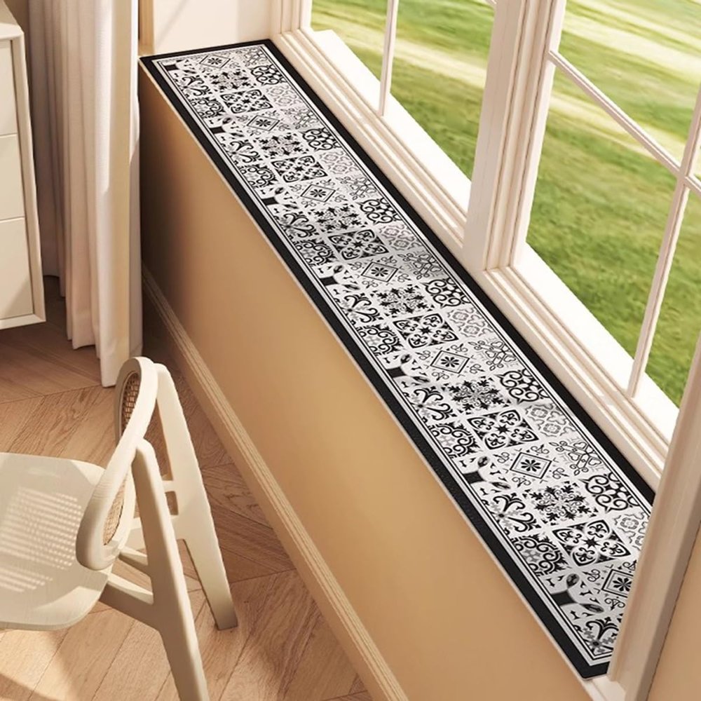 Modern Black Faux-Leather Window Sill Mat with Checkered Details, Cuttable, 80 x 26 cm