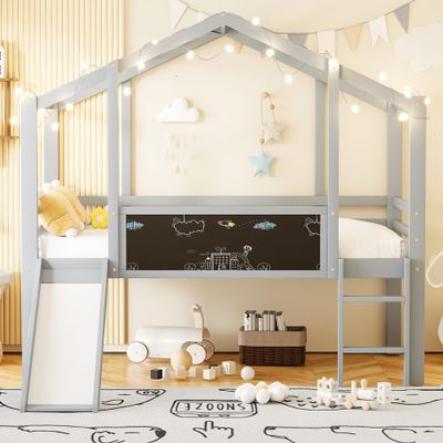 Merax Gray Kids’ Loft Bed 90 x 200 cm with Slide and Ladder