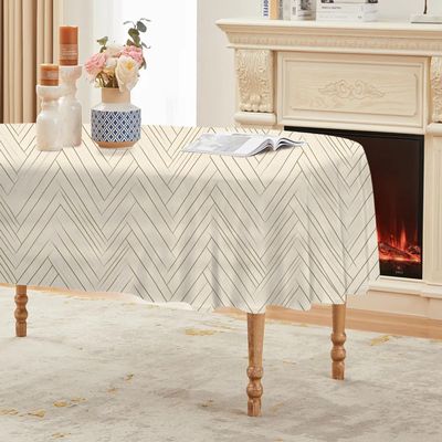 Geometric Oval Tablecloth 160 x 200 cm, Stain-Resistant Washable Table Cover with Abstract Beige Pattern