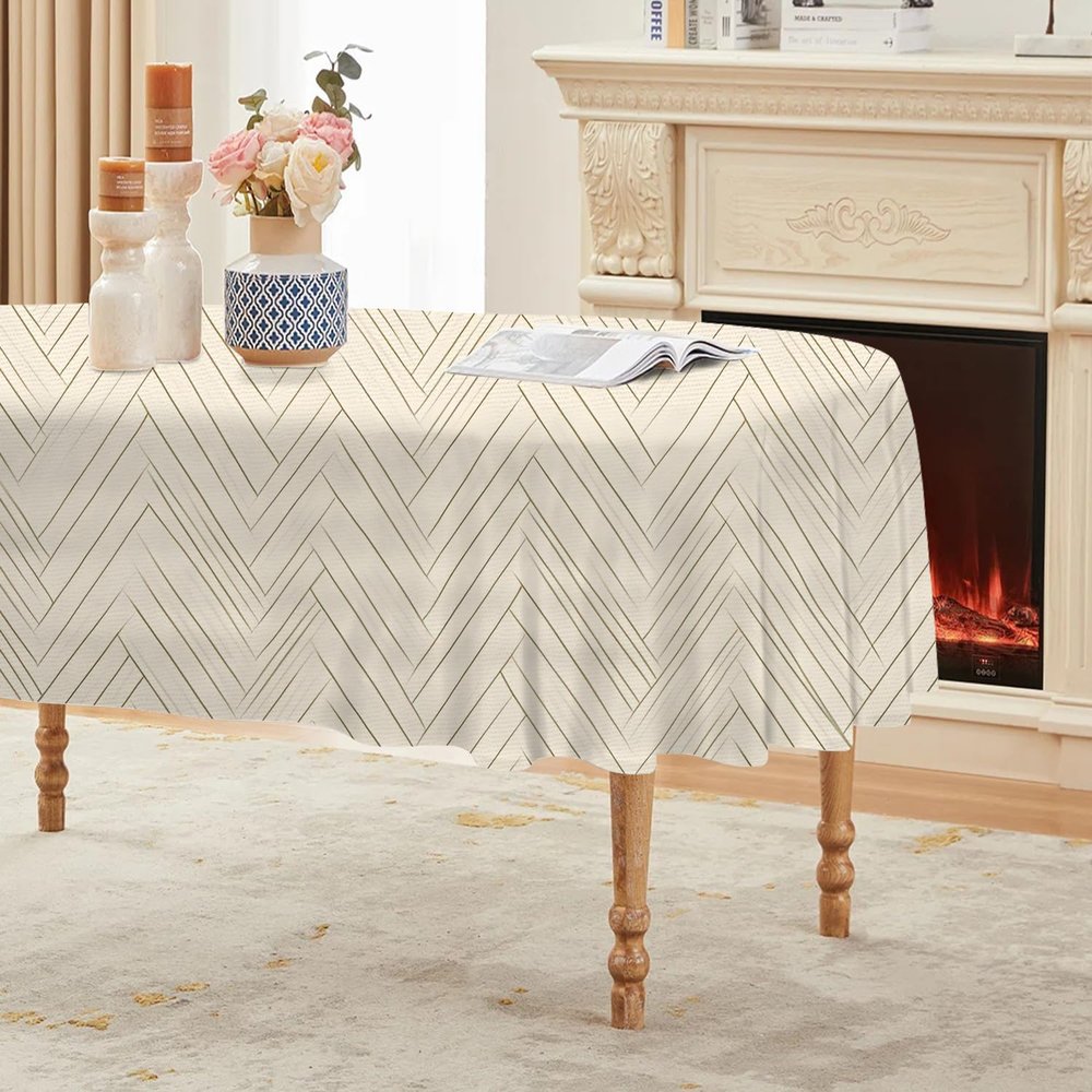 Geometric Oval Tablecloth 160 x 200 cm, Stain-Resistant Washable Table Cover with Abstract Beige Pattern