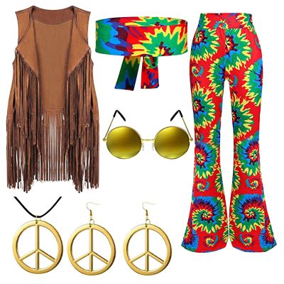 Women’s 70s Hippie Costume Set with Fringe Vest and Flared Pants