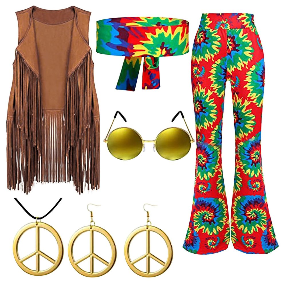 Women’s 70s Hippie Costume Set with Fringe Vest and Flared Pants