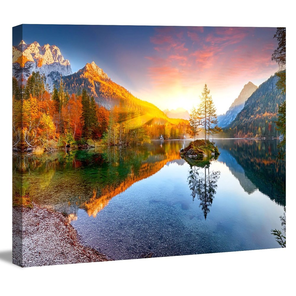 Visario Mountain Lake Landscape Canvas Wall Art with Sun, 120 x 80 cm, 5067