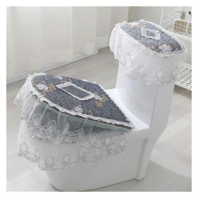 OIFAODAO Toilet Seat Cushion, 3-Piece Set, Lace, Embroidery, Floral, Toilet Lid Cover Set, Gold-Diamond Velvet, Grey