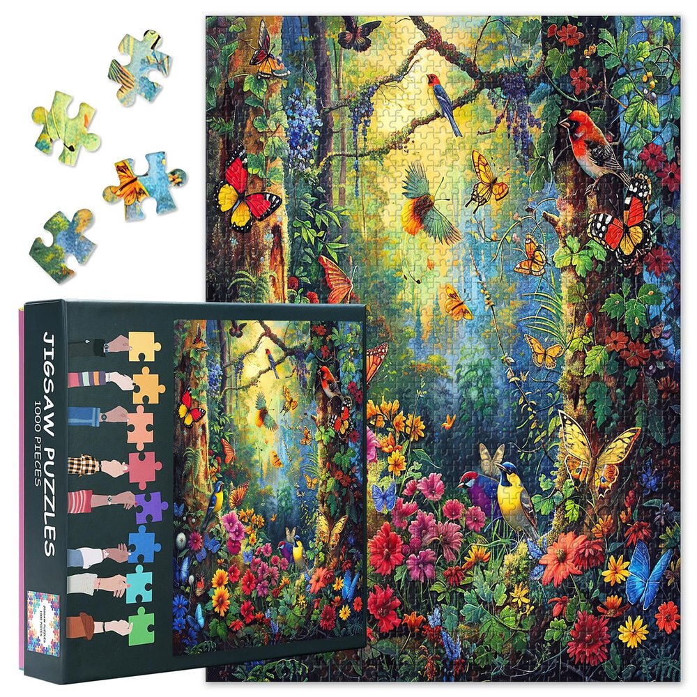 1000-Piece Adult Puzzle: Birds and Butterflies in the Forest, 50.5 x 70.5 cm