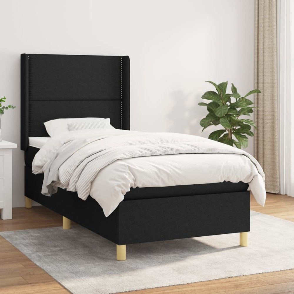 Generic Box Spring Upholstered Bed, Black, 90 x 200 cm, Flat with Nails