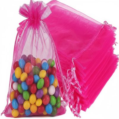 Small Transparent Organza Bags with Satin Drawstring, Fuchsia, 17 x 23 cm, 100 Count