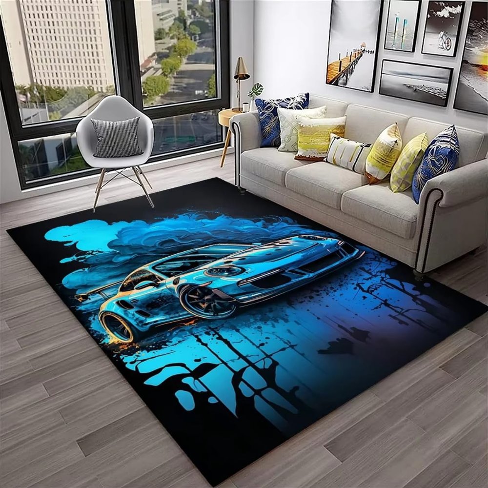 PEIHUODAN Teen Kids Gaming Rug, Neon Racetrack Design, Non-Slip, 1.80 x 120 cm
