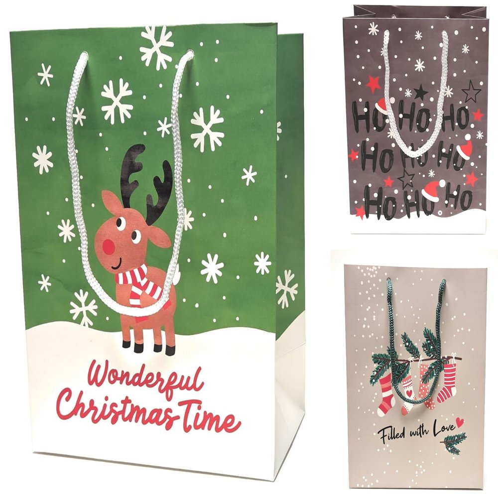 3 Premium Christmas Gift Bags, Ho Ho Christmas, 23 x 18 x 10 cm, Assorted Designs
