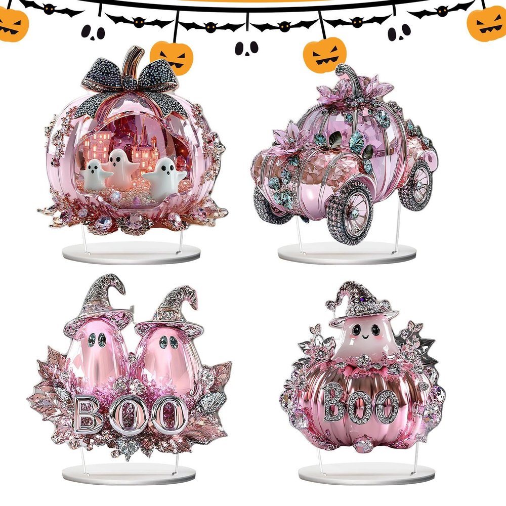 Doiyislem Halloween Table Decorations, 4-Piece 2D Acrylic Ghost Pumpkin Car Decor