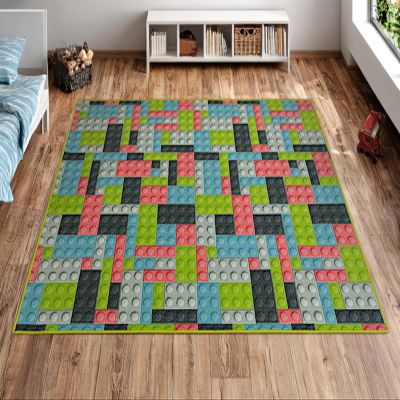 AKCILA Kids' Rug with Pastel Blocks, 150 x 300 cm, Low Pile, Washable