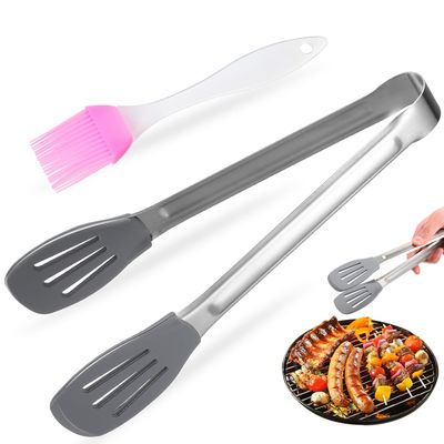 9-Inch Silicone Food Tongs with 1 Brush, 1 Set, Gray
