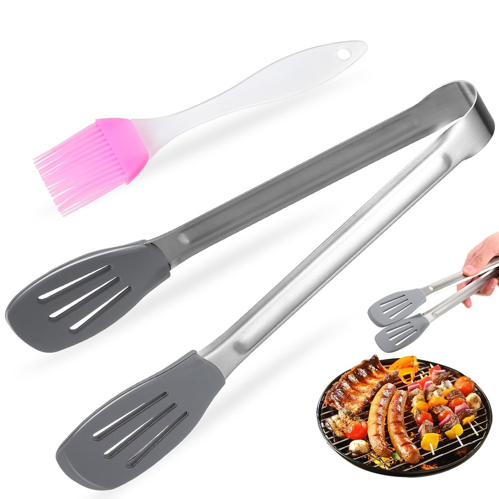 9-Inch Silicone Food Tongs with 1 Brush, 1 Set, Gray
