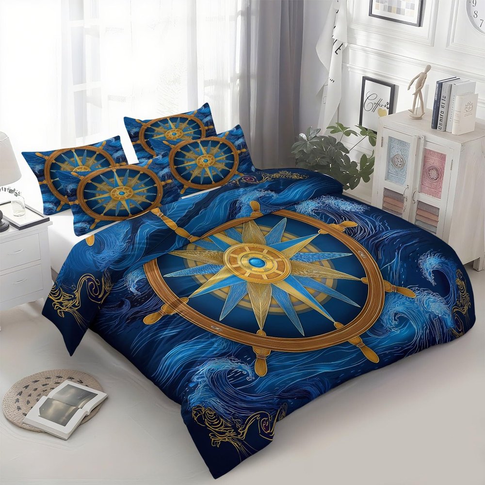 2-Piece Nautical Reversible Duvet Cover Set, 135 x 200 cm, with Pillowcase